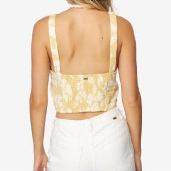 Oneill Tank Top Woman's‎ M Yellow White Floral Crop Galloway Smocked Back - Picture 3 of 10